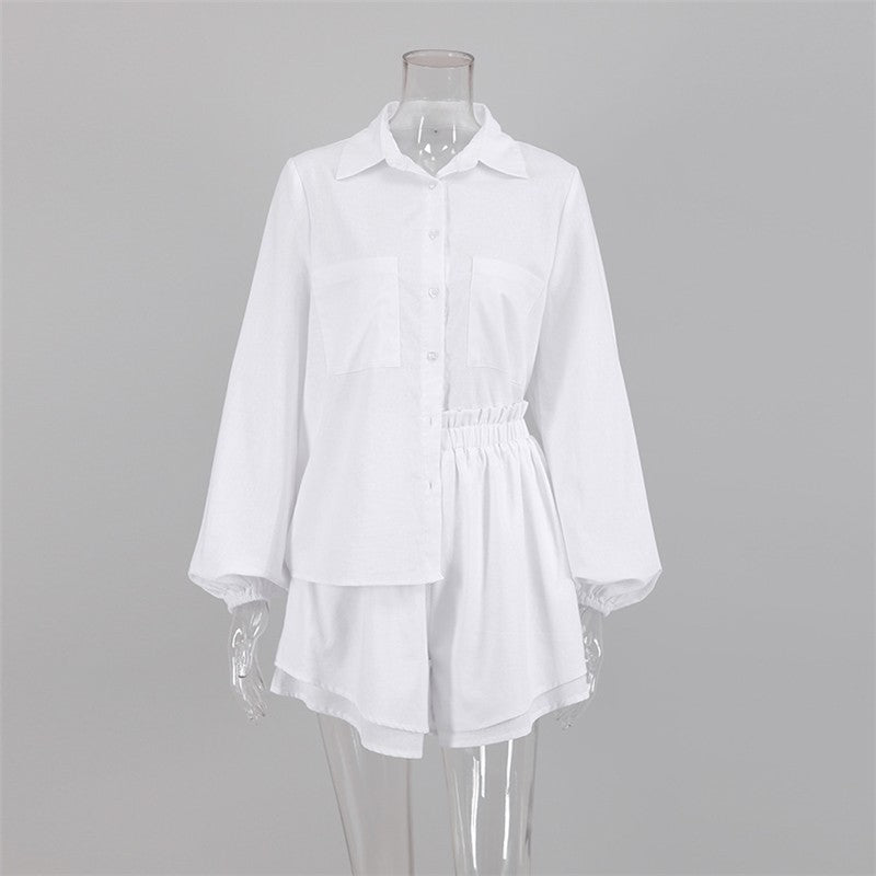 Solid Color Long Sleeve Top With Ruffle Hem Shorts Set