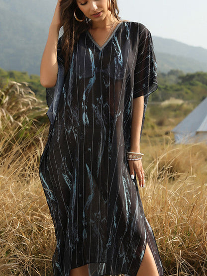 Summer Women'S Beach Sun Protection Bikini Blouse Printed V-Neck Bat Sleeve Dress