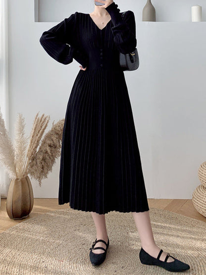 Solid Color Tied Waist Pleated Long Sleeves V-Neck Sweater Dresses