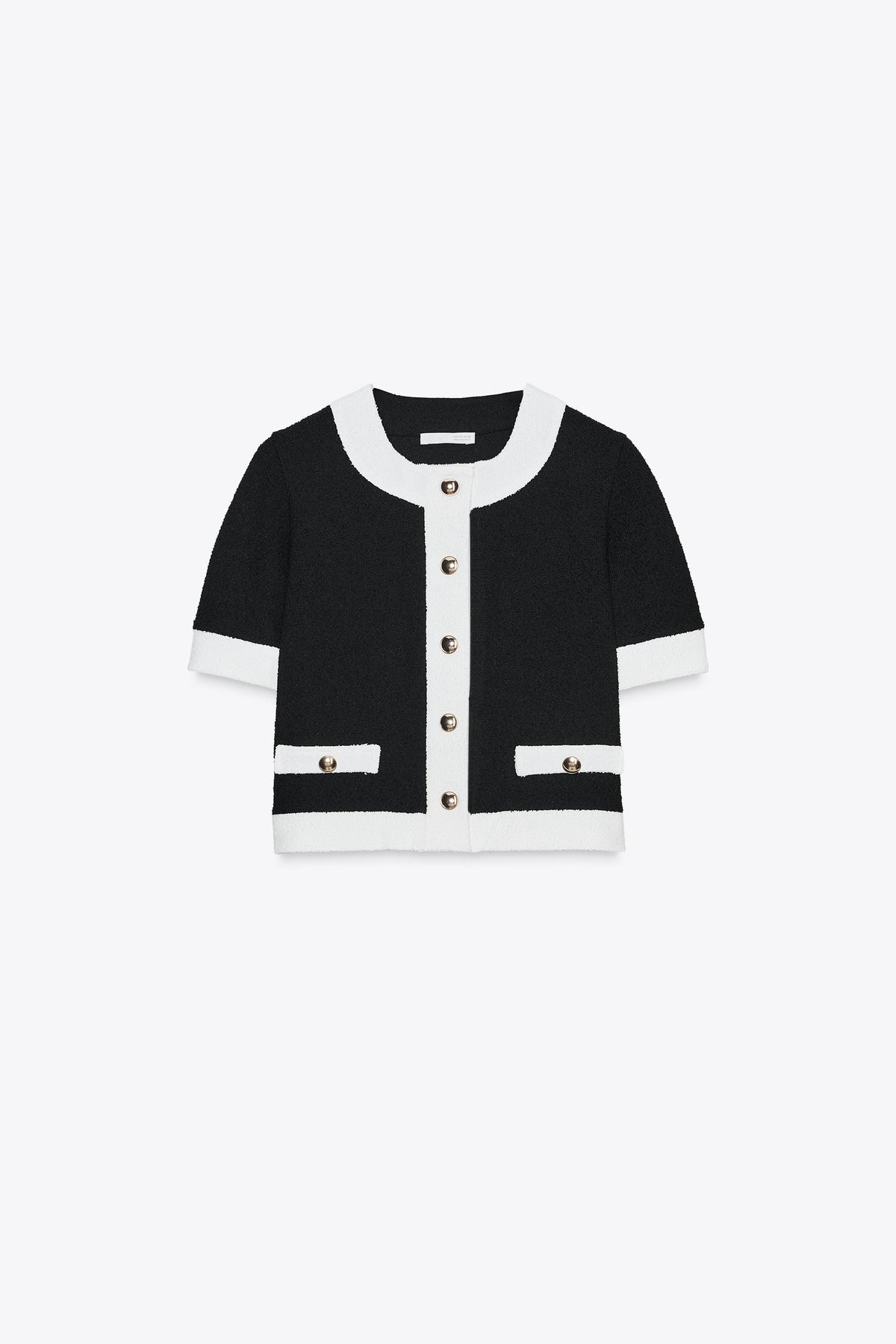 Fashionable Contrast Color Knitted Short-sleeved Button-down Top