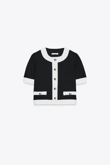 Fashionable Contrast Color Knitted Short-sleeved Button-down Top