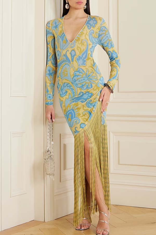 Golden Age Knit Paisley Print Long Sleeve Tassle Hem Maxi Dress