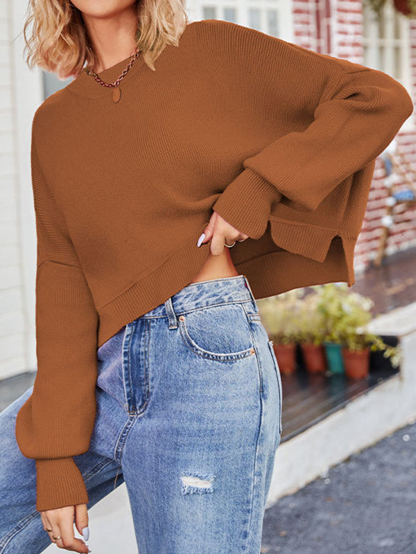 Batwing Sleeves Loose Fringed Solid Color Split-Joint Round-Neck Sweater