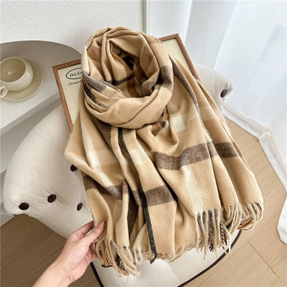 Color Block Plaid Fringe Scarf