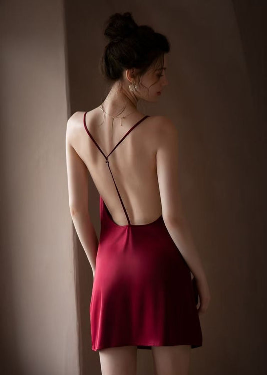 Backless Satin Nightdress Burgundy Silky Slip