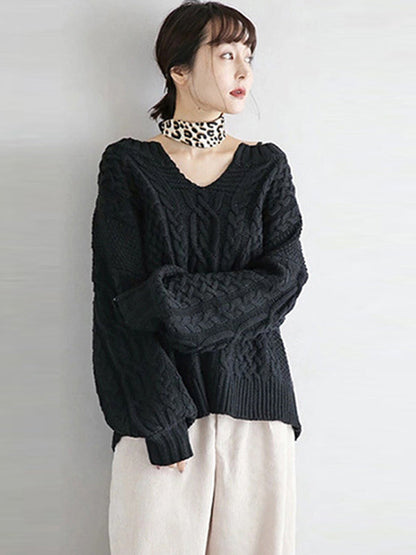 Stylish Loose Jacquard Solid Color V-Neck Sweater