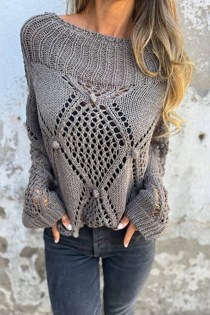 Solid Color Hollow Round Neck Casual Loose Knitted Sweater