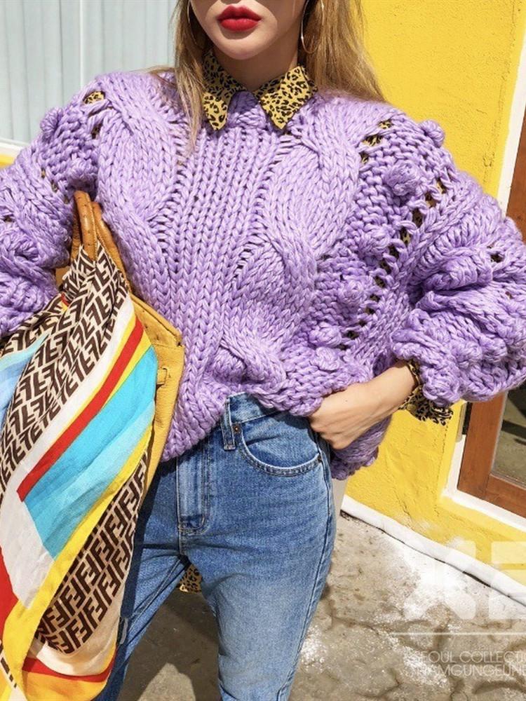 Women'S Sweaters Hollow Out Loose Knitted Lantern Sleeve O-Neck Solid   Female Autumn Warm Ladies Pullovers