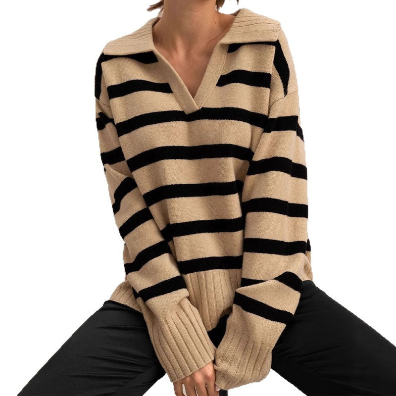 Winter Polo Collar Striped Knit Pullover Sweater
