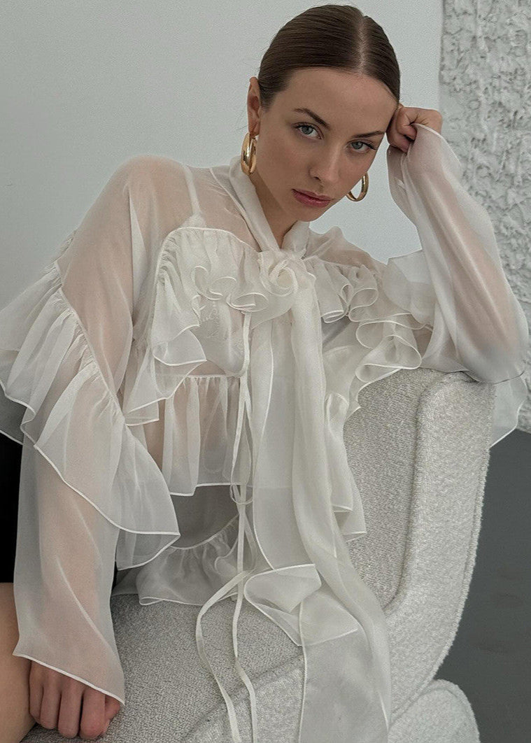 Sheer Silk Blend Ruffle Tie Front Blouse