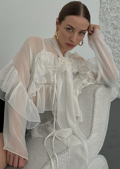 Sheer Silk Blend Ruffle Tie Front Blouse