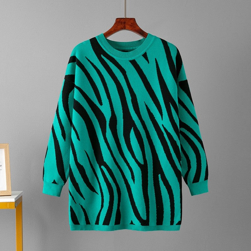 Zebra Print Crew Neck Loose Sweater