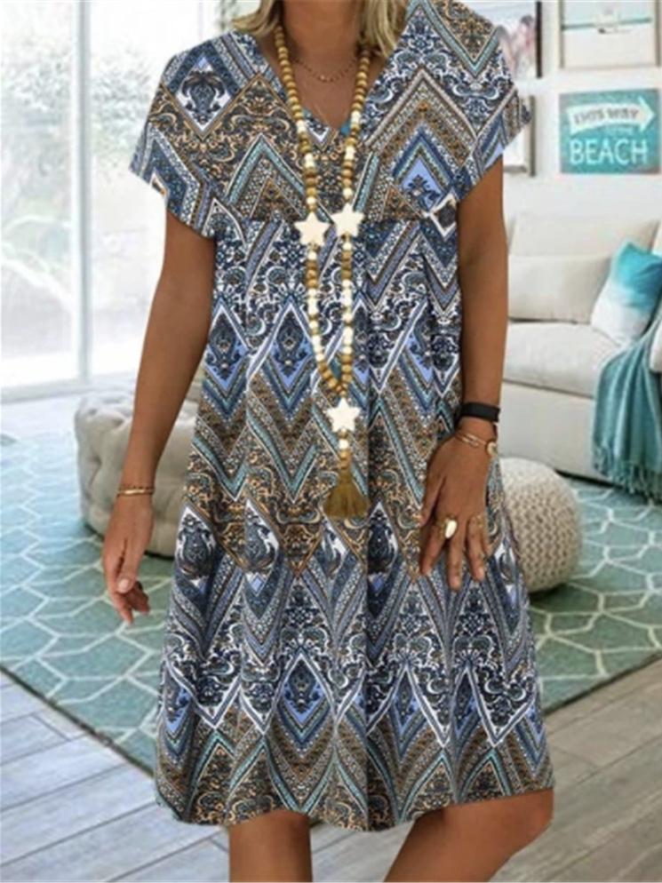 Summer Women Vintage V-Neck Short Sleeve Midi Dress