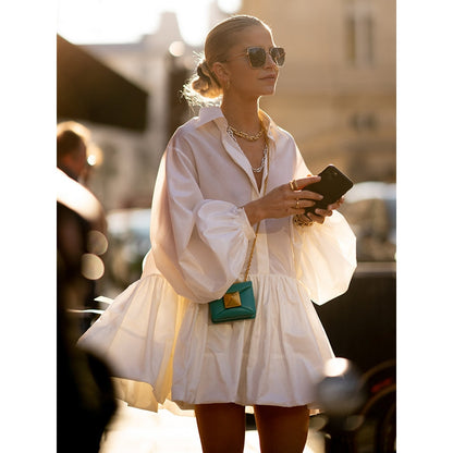 Puff Sleeves Buttoned Solid Color Split-Joint Lapel Mini Dresses Shirt Dress