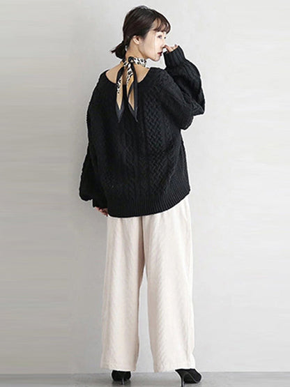 Stylish Loose Jacquard Solid Color V-Neck Sweater