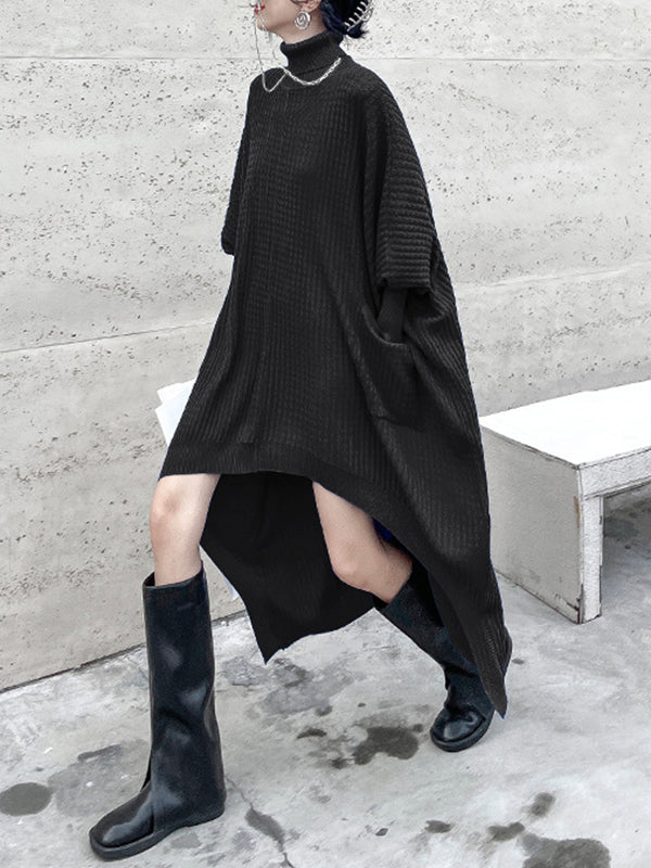 Batwing Sleeves High-Low Pockets Solid Color Split-Joint High-Neck Midi Dresses Sweater