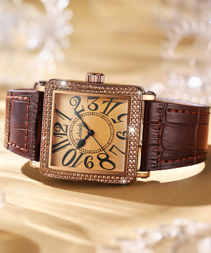 Vintage Coffee Leather Zircon Quartz Movement Tempered Glass Watch