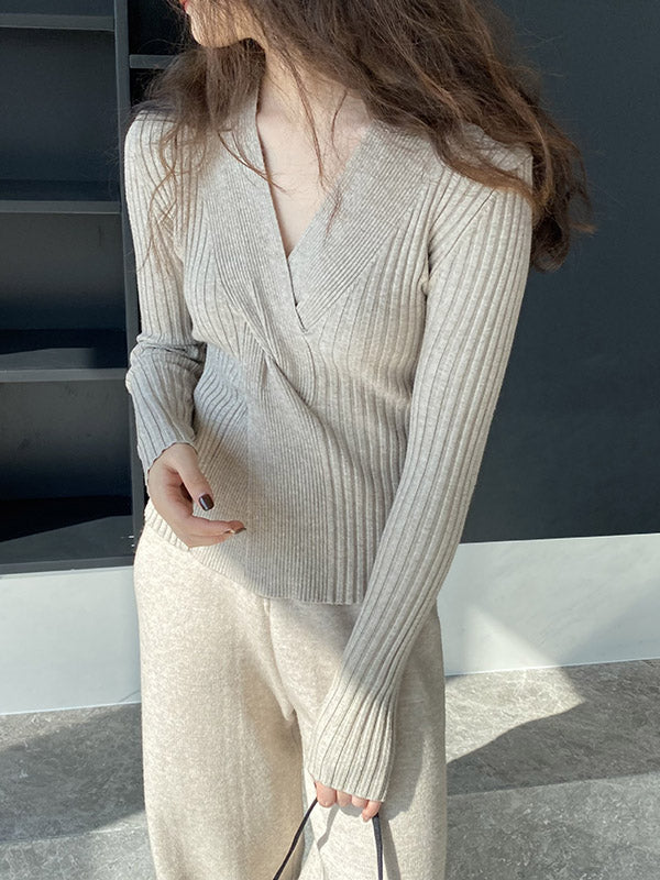 Long Sleeves Loose Knot Solid Color V-Neck Pullovers Sweater Tops