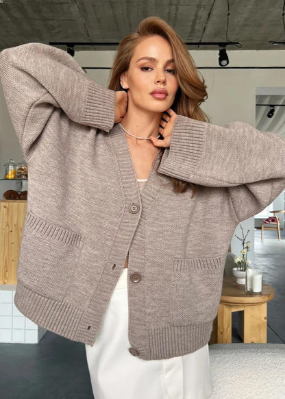 Oversized Knit Button Cardigan Brown Soft Fabric