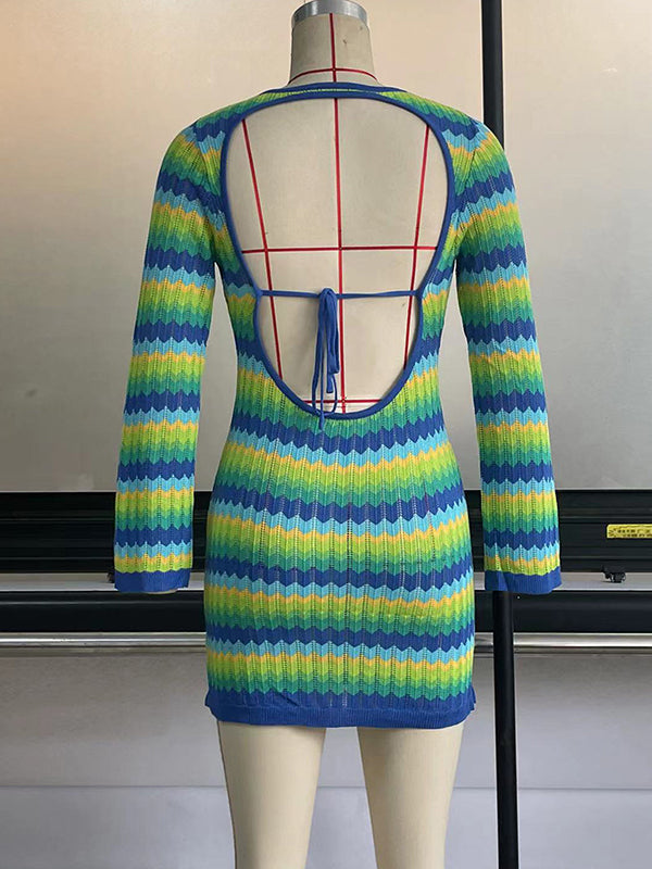 Long Sleeves Skinny Backless Contrast Color Tied Round-Neck Knit Dresses Mini Dresses