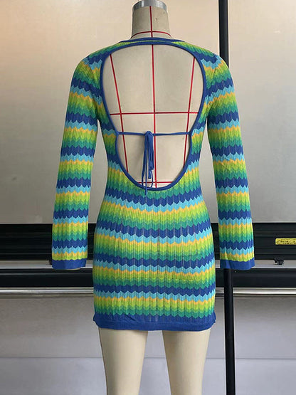 Long Sleeves Skinny Backless Contrast Color Tied Round-Neck Knit Dresses Mini Dresses