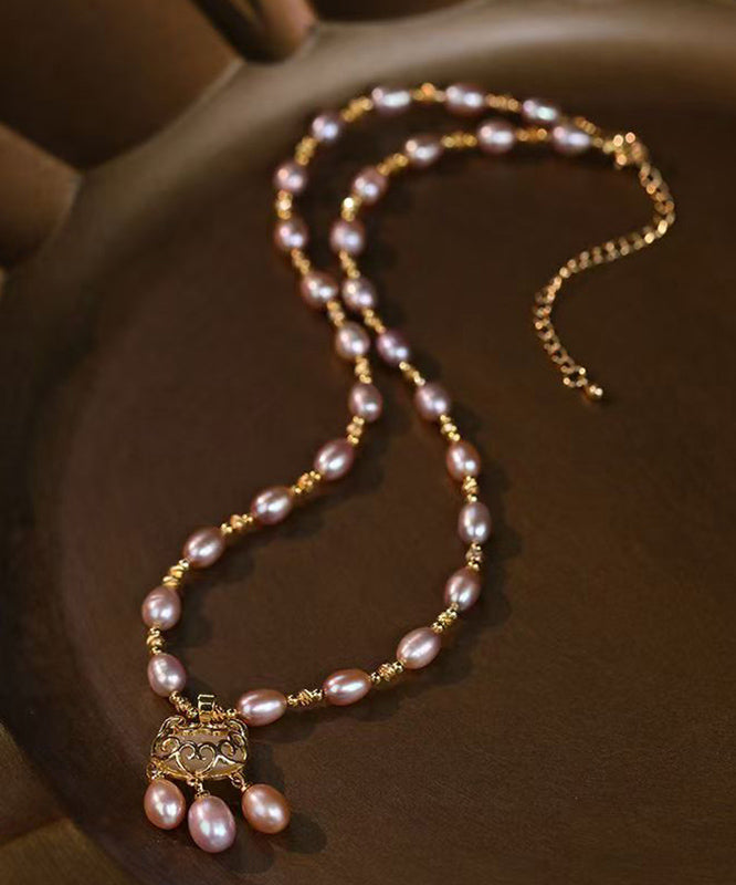 Fashion Light Purple Sterling Silver Overgild Pearl Safe Lock Pendant Necklace