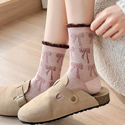 Rufia - Retro Doodle Bow Crew Socks - Sweet &amp; Stylish