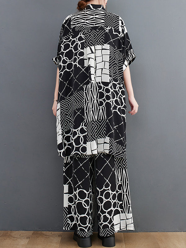 Oversize Short Sleeves Printed Lapel Pants Shirts Tops Two Pieces Set