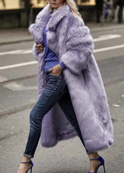 Faux Fur Lapel Coat Violet Longline Style