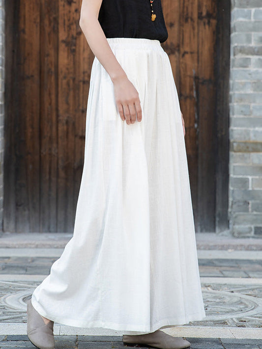 Vintage Loose Elastic Waist Solid Color Wide Leg Culottes Pants
