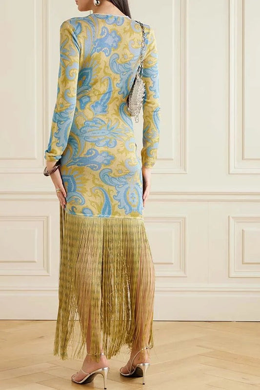 Golden Age Knit Paisley Print Long Sleeve Tassle Hem Maxi Dress