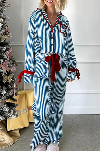 Striped Printed Color-blocked Trim Long-sleeved Loose Top and Elastic Waist Belt Wide-leg Pants Set