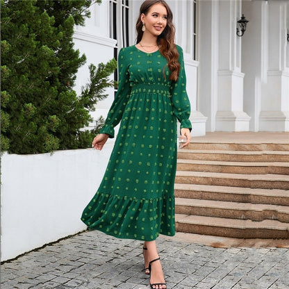 Ladies V Neck Long Sleeve Dress Jacquard Waist Neck Dress