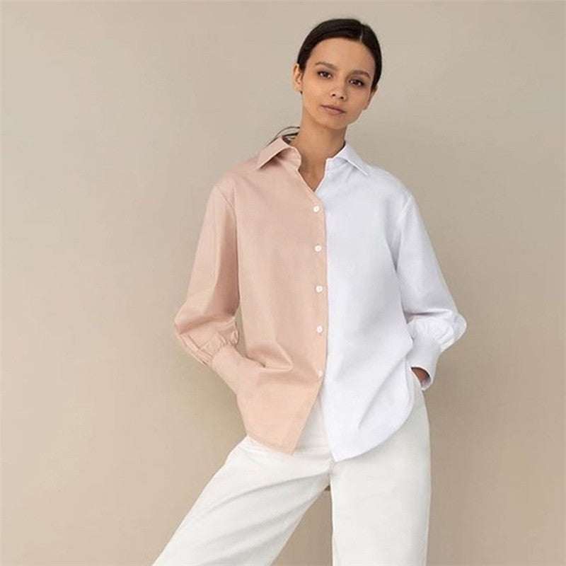 Contrast Color Lapel Long Sleeve Single Breasted Blouse