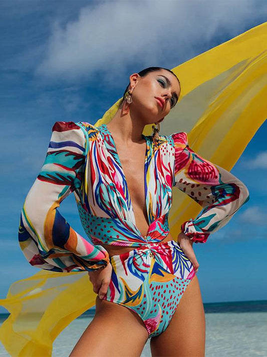 One-Piece Long-Sleeved Bikini Deep V High-Waist Openwork Swimsuit Woman