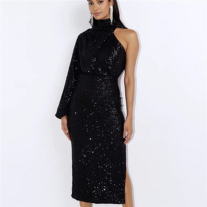 Solid Color Halterneck One Sleeve Sequins Bodycon Long Evening Dress