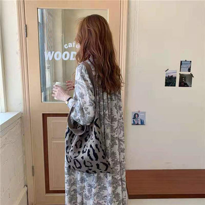 Crochet Tote Bag Leopard Print Knit Bag