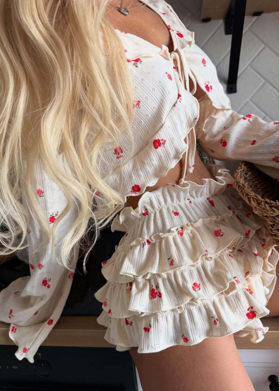 Ruffle Two Piece Set Lightweight Embroidered Fabric