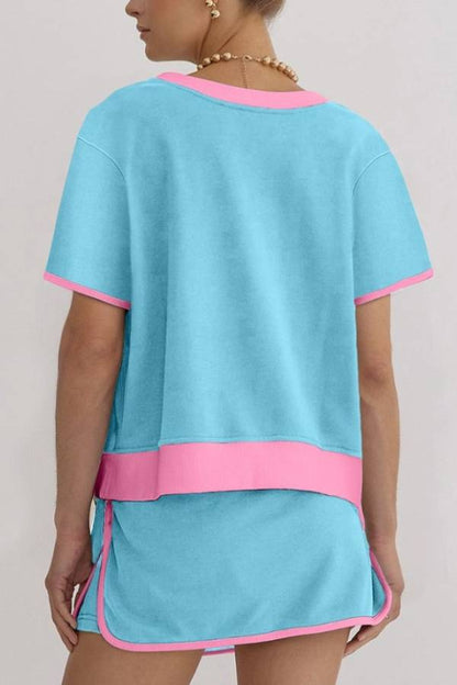 Women's Colorblock Edge Drop Shoulder T-Shirt Skort 2Pcs Set