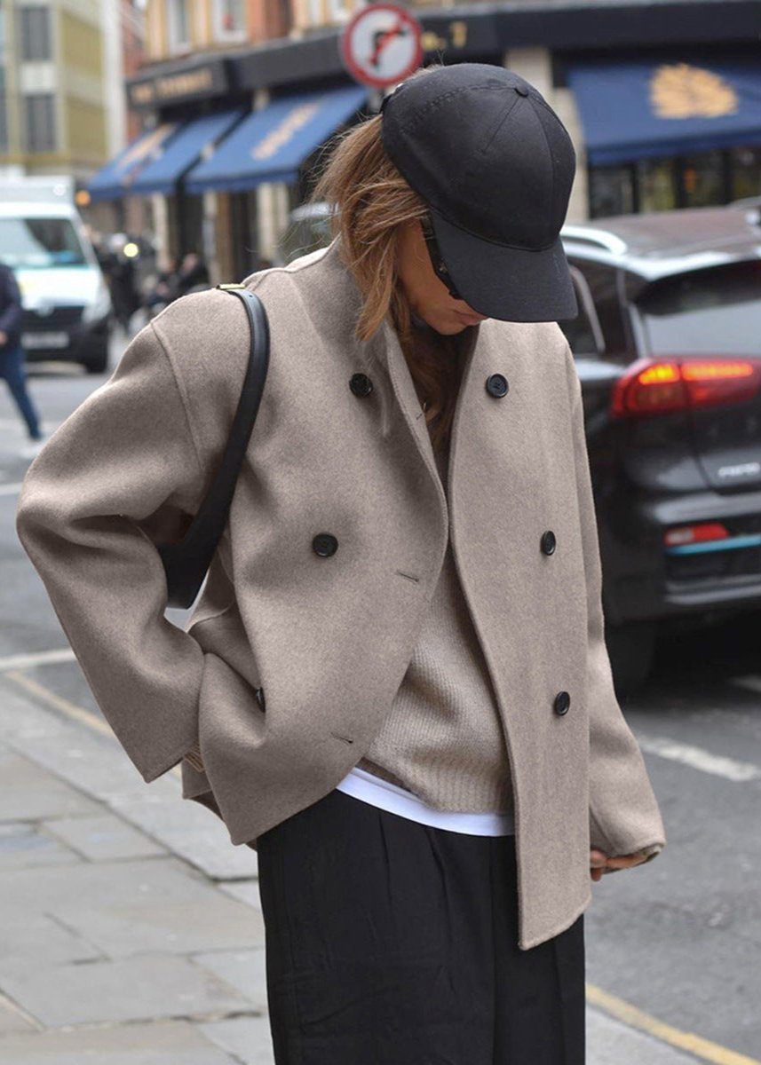 Double Breasted Woolen Coat Taupe Tailored Style