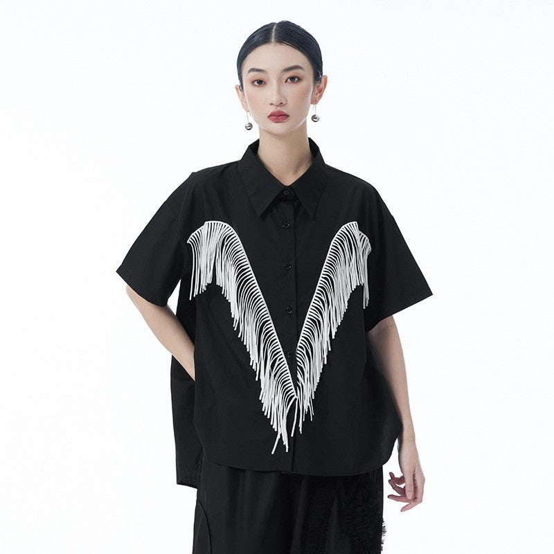 Fringe Spliced Short Sleeve Shirt Loose Retro Design