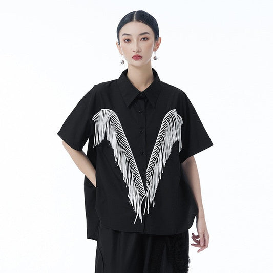 Fringe Spliced Short Sleeve Shirt Loose Retro Design