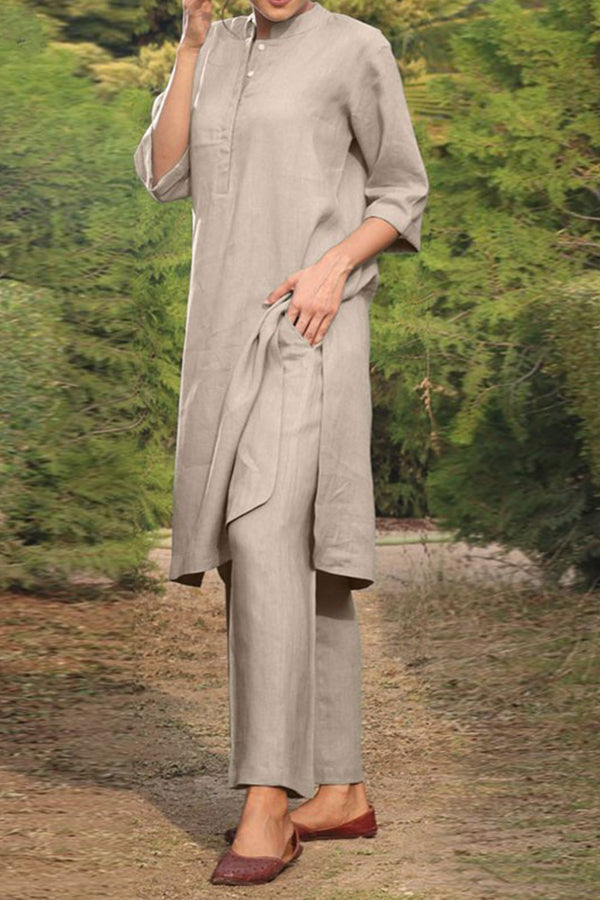 Cotton and linen V-neck 3\/4 sleeve wide brimmed pants 2-piece set