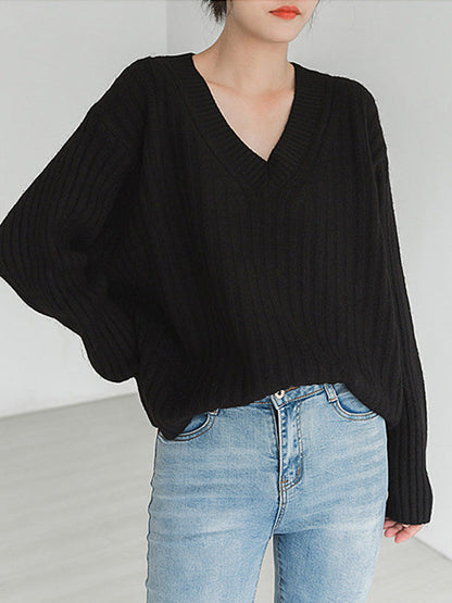 Casual Loose Solid Color V-Neck Sweater Tops