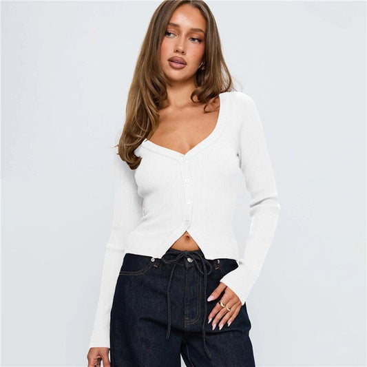 V Neck Long Sleeve Ribbed Button Cardigan