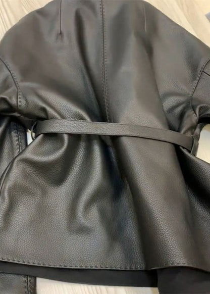 Faux Leather Belted Jacket With Wrap Silhouette
