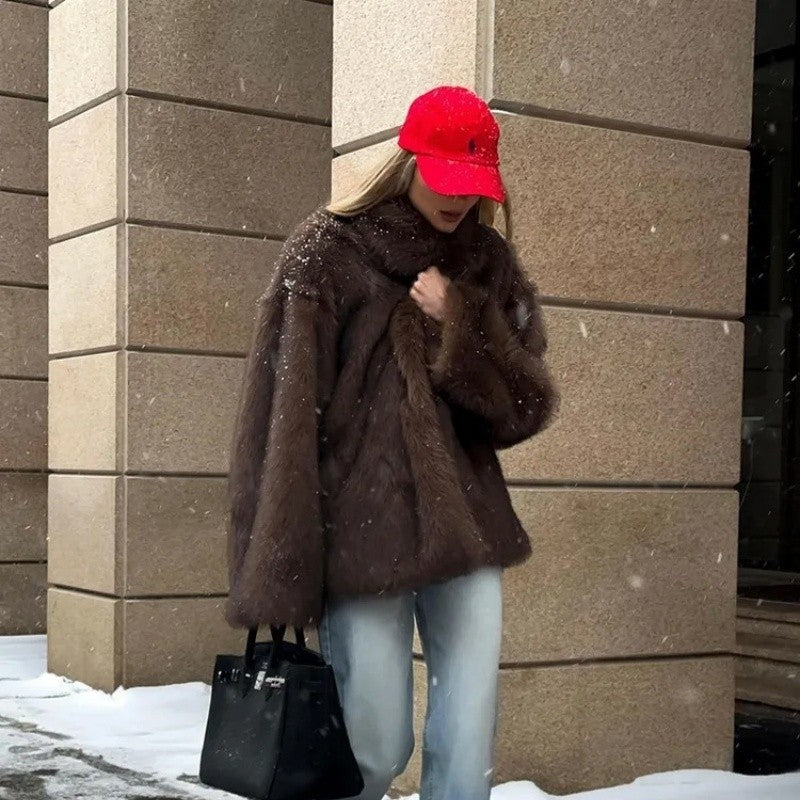 Faux Fur Collar Jacket Loose Paneled Lapel Outerwear