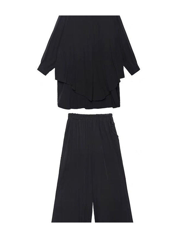 Simple Solid Color Lapel T-Shirt Tops+Loose Pants Two Pieces Set