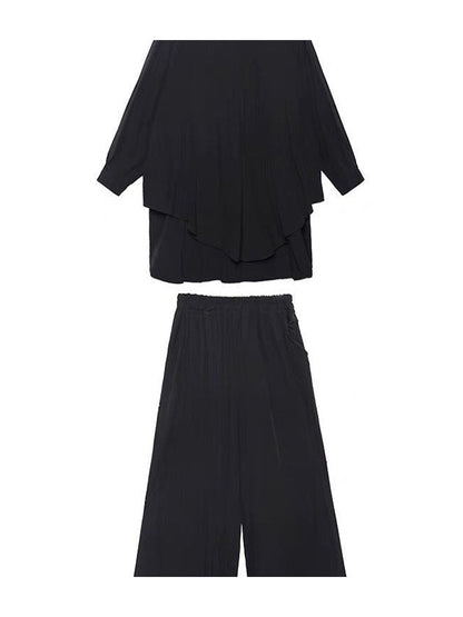 Simple Solid Color Lapel T-Shirt Tops+Loose Pants Two Pieces Set