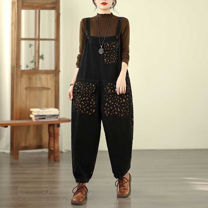 Loose Leg Print Denim Overalls